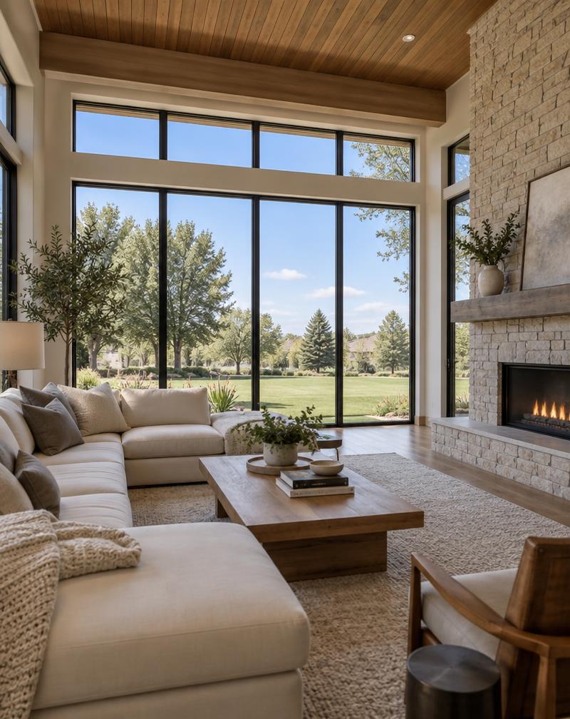 Luxury home living room opening to a flat Colorado backyard